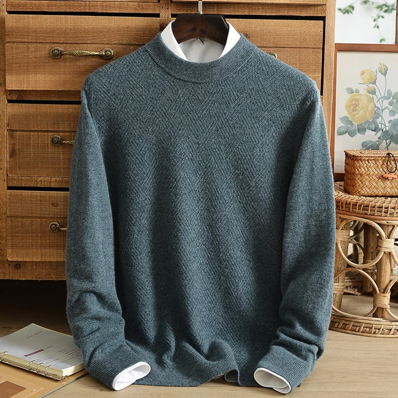 Pure cashmere sweater men's half turtleneck thickened new large size pullover bottoming shirt casual jacquard warm sweater