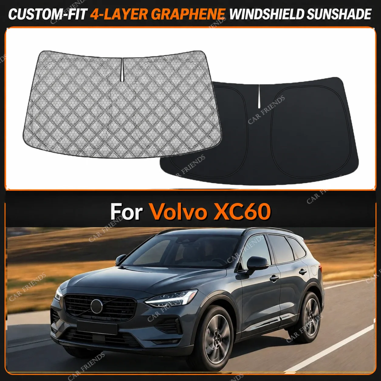 For Volvo XC60 Custom-Fit 4-Layer Graphene Windshield Sunshade Reflective Gray-Silver Surface Helps Reduce Direct Sunlight