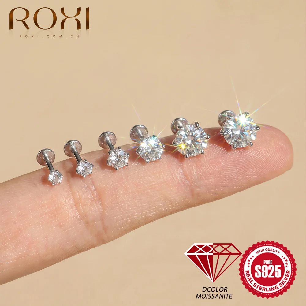 ROXI – boucles d'oreilles rondes en argent Sterling 925, Moissanite, 2/3/4mm, pour femmes, tête plate, bijoux de fiançailles pour fête