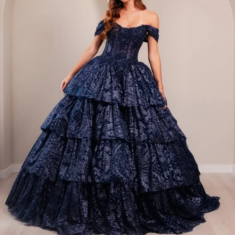 

Customized dark blue Quinceanera Dresses Off the Shoulder crystal decal Lace layering Tull Long tail Vestido 15 Quinceanera