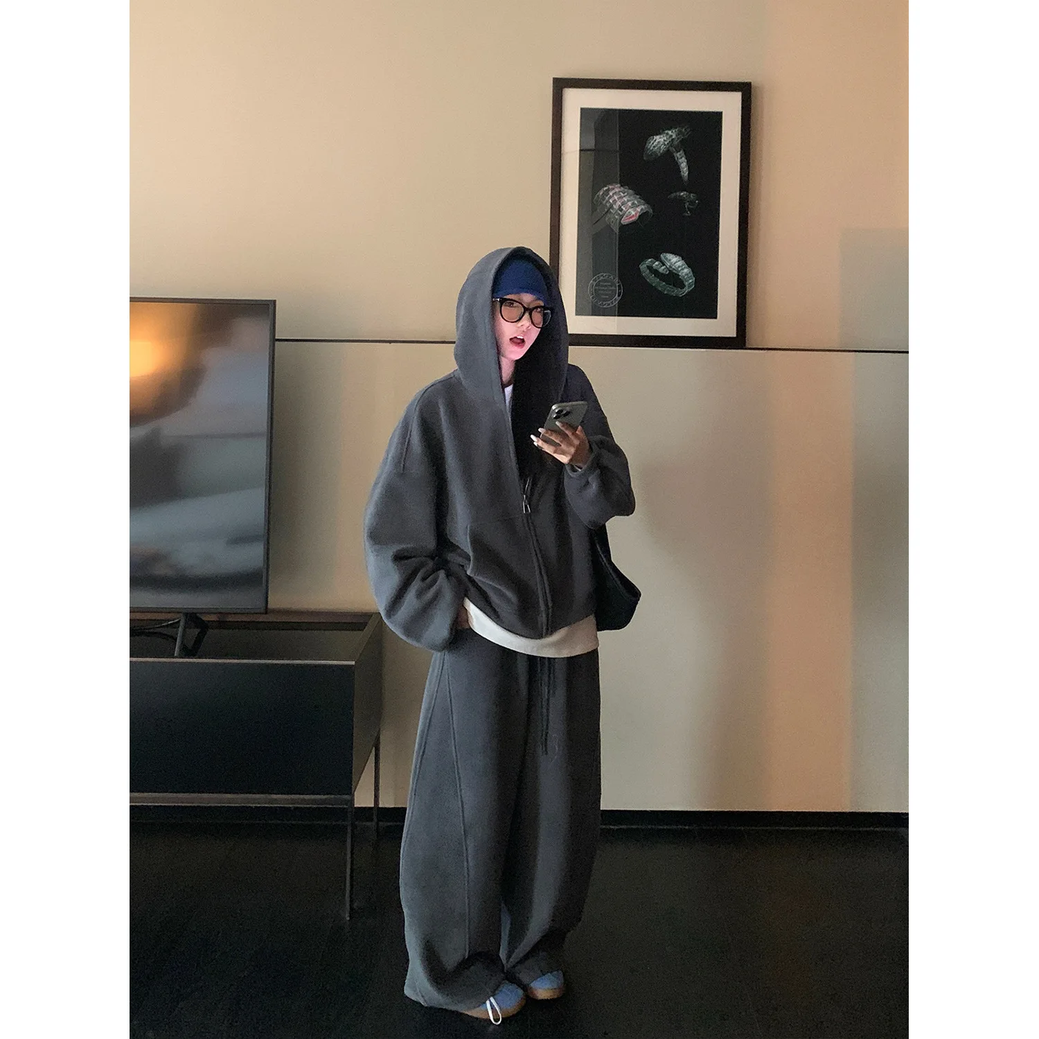 Korean Fashion Street Sportswear Set Women Autumn Winter Loose Hoodie Casual Zip Up Hoodies and Pants Two Piece Y2k Streetwear