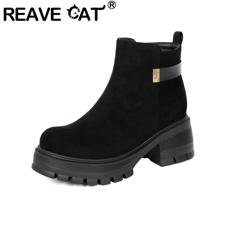 REAVE CAT Black Women's Ankle Boots Round Toe 6cm Block Heel 3cm Platform Zipper Large Size 41 42 43 Leisure Daily Short Botas
