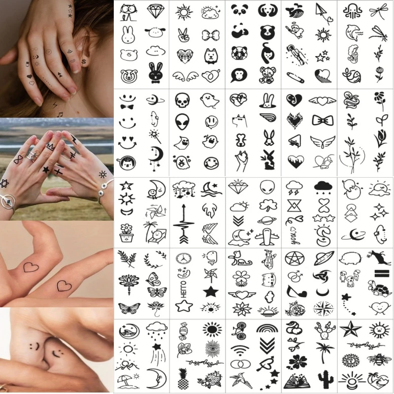 30pcs Small Finger Tattoos Temporary Waterproof Cute Panda Moon Whale Fake Tatoos for Women Girl Arm Body Neck Shoulder Clavicle