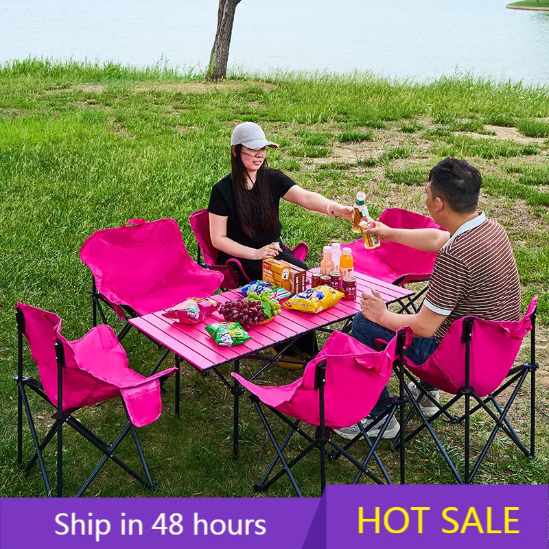 

YTYIN 2025 Modern Outdoor Metal Folding Iron Rose Pink Roll Chair New Moon Garden Camping Fishing Outdoor Furniture Oxford F