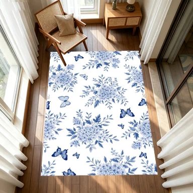 Blue Hydrangea Butterfly Watercolor Carpet Floral Plant Non-Slip Floor Carpet Suitable for Bedroom Living Room Home Decoration