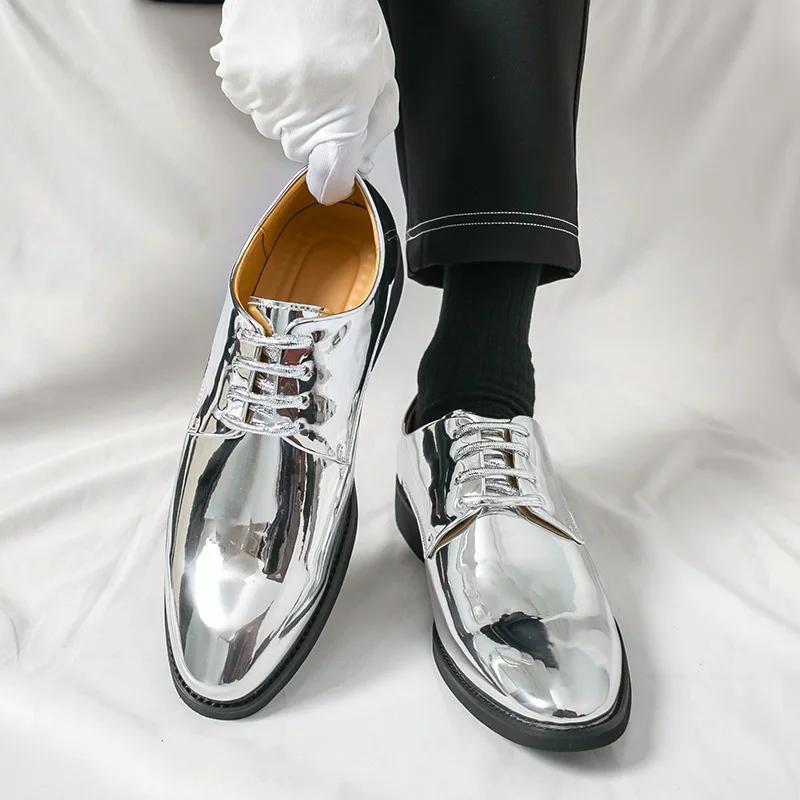 Plus-size 50 Formal Dress Shiny Pointed Toe Leather Shoes Fashion Lace-up Casual  Party Wedding Shoes Nightclub Barber Men Shoes
