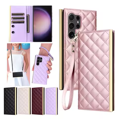 Crossboby Zipper Wallet Case Strap Leather Case for Samsung Galaxy S25 Ultra S24 Plus S23 S21 FE S20 Flip Phone Cover Cards Bag