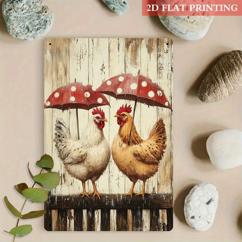 Rustic Farmhouse Metal Wall Decor -   Iron Chicken Sign with Two Hens Under Red Polka Dot Umbrellas,   Art for Poultry Lovers,