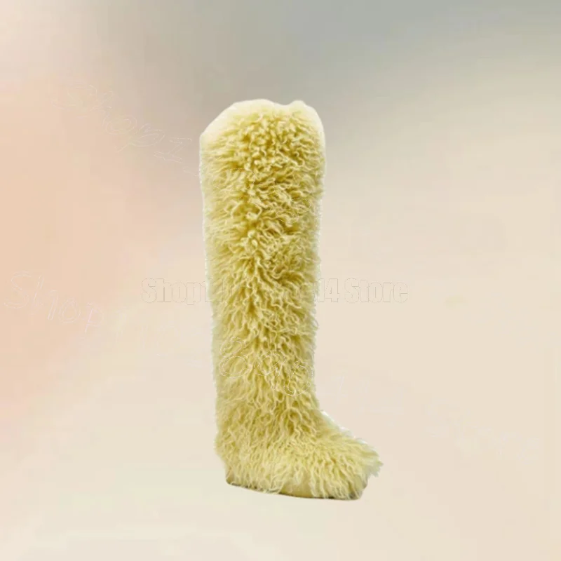 

Yellow Lamb Wool Design Pointed Toe Boots Slip On Women Shoes High Top New Fashion Party Banquet Dating 2025 Zapatos Para Mujere