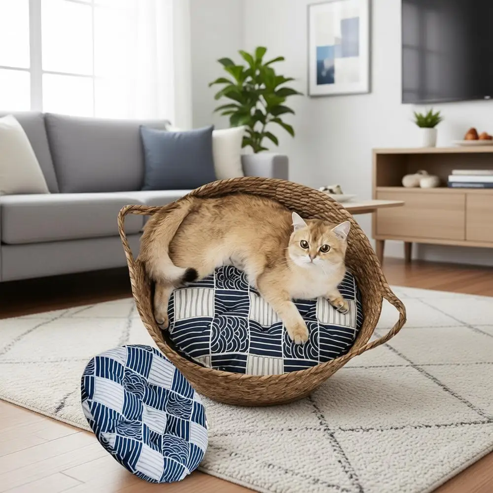 

Круглая плетеная лежанка-корзина для кошек из соломы, уютная нескользящая лежанка-гнездо для котят и маленьких собак (с подушкой, средний размер)