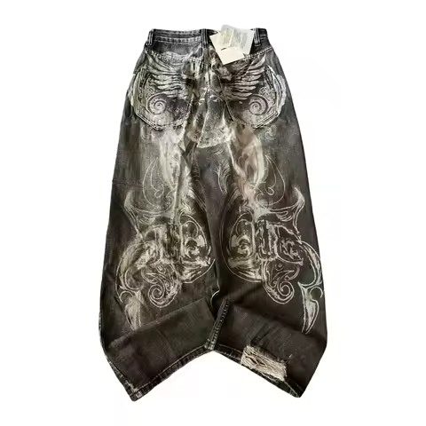 American fashion hip-hop Joker loose jeans female street Y2K Washed hole punk rock oversized wide-leg pants unisex mopping jeans