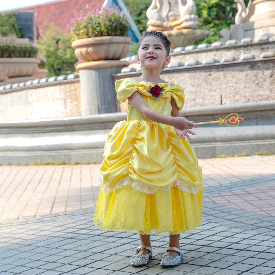 Vestido de Cosplay de bella para niñas, ropa de princesa de la Bella bestia, disfraz de fiesta con estampado de flores, hombros descubiertos, evento