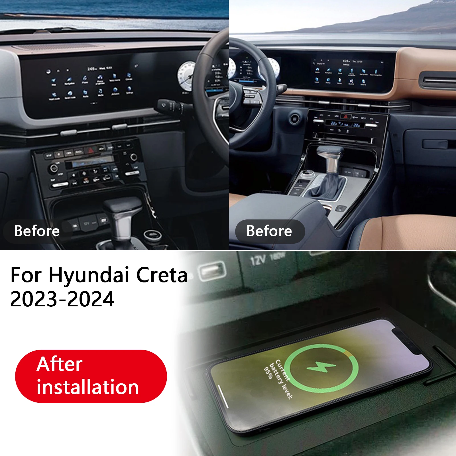 2DIN The latest For Hyundai Creta 2023-2024Car center console phone charger fast wireless charger charging plate charging holder