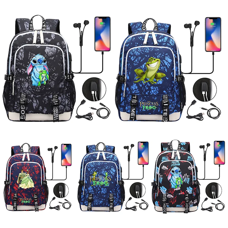 

The Princess and the Frog Laptop Backpacks Student USB Charging Backpack Famale Colorful Print Rucksack Travel Bag Mochila