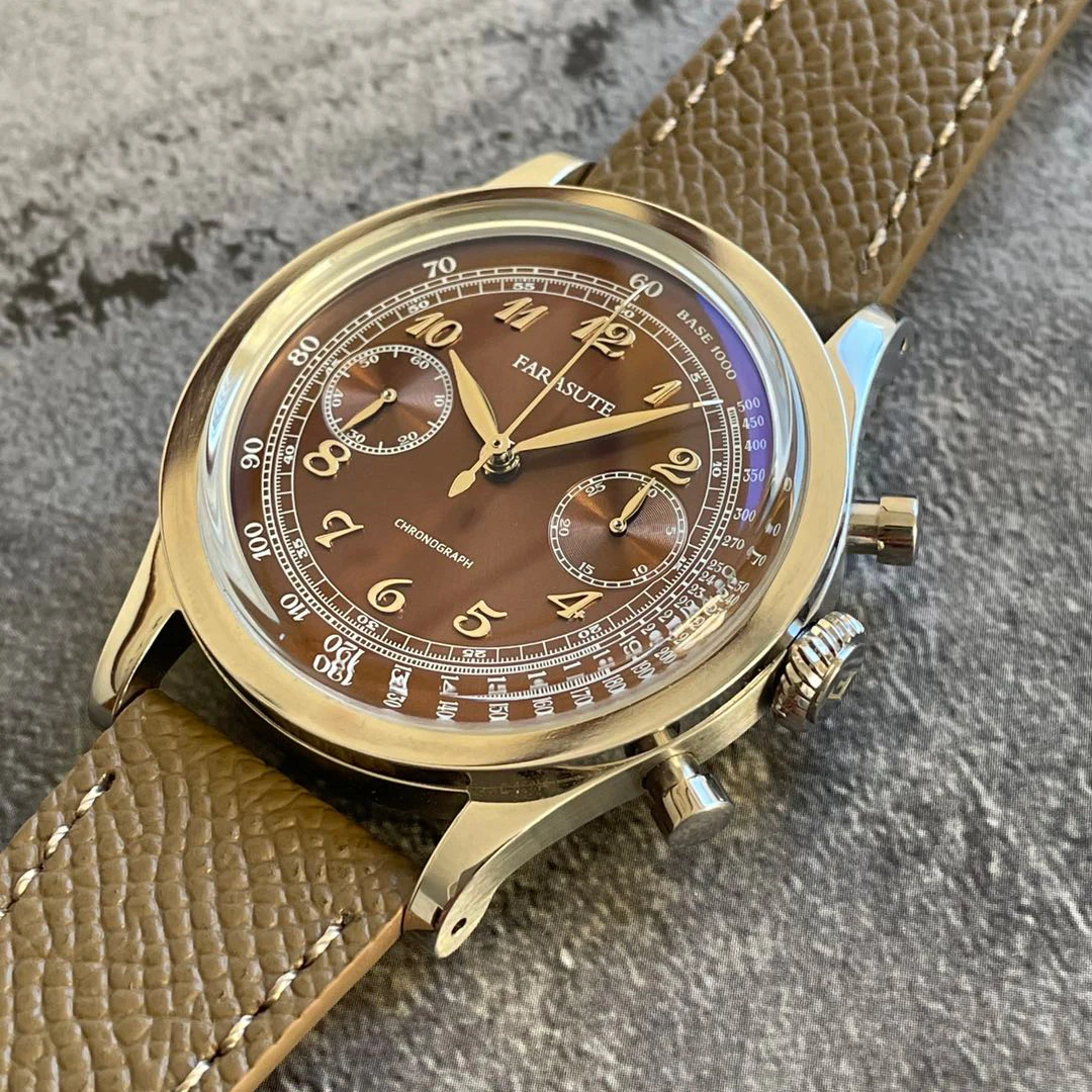 FARASUTE Men Chronograph Watch 38mm Luxury Panda Classic Manual Wind Mechanical Wristwatch Arched Curved Sapphire Mirror ST1900