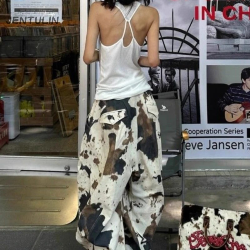 Y2K Cow Wide Leg Pants Streetwear High Waist Baggy Trousers Loose Oversized Casual Pockets Hip Hop Street Fashion Pants