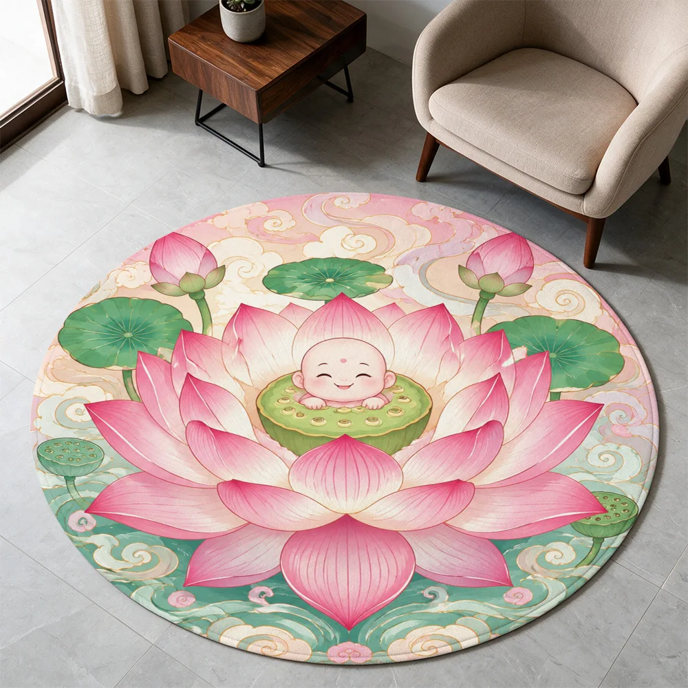 Cute Baby Buddha Lotus Flower Round Area Rug for Nursery Kids Room Boho Chic Decor