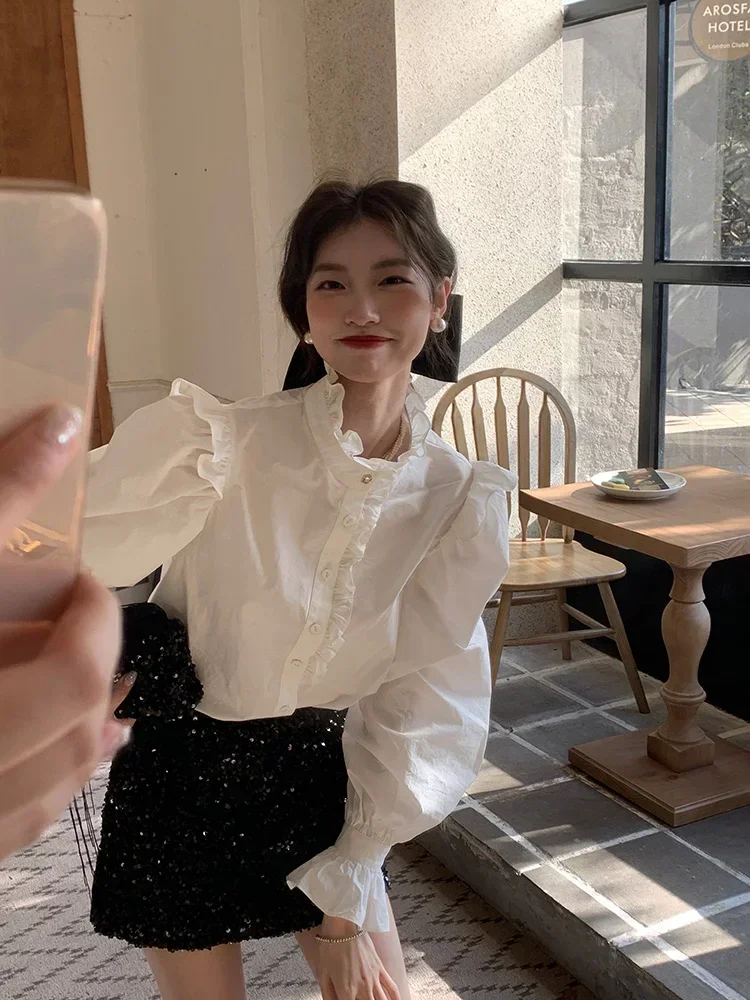 

Women Tops 2025 Ropa Mujer Puff Sleeve Ruffles Loose Blouses Temperament Blusas De Mujer Korean Fashion Sweet Blouse Shirts