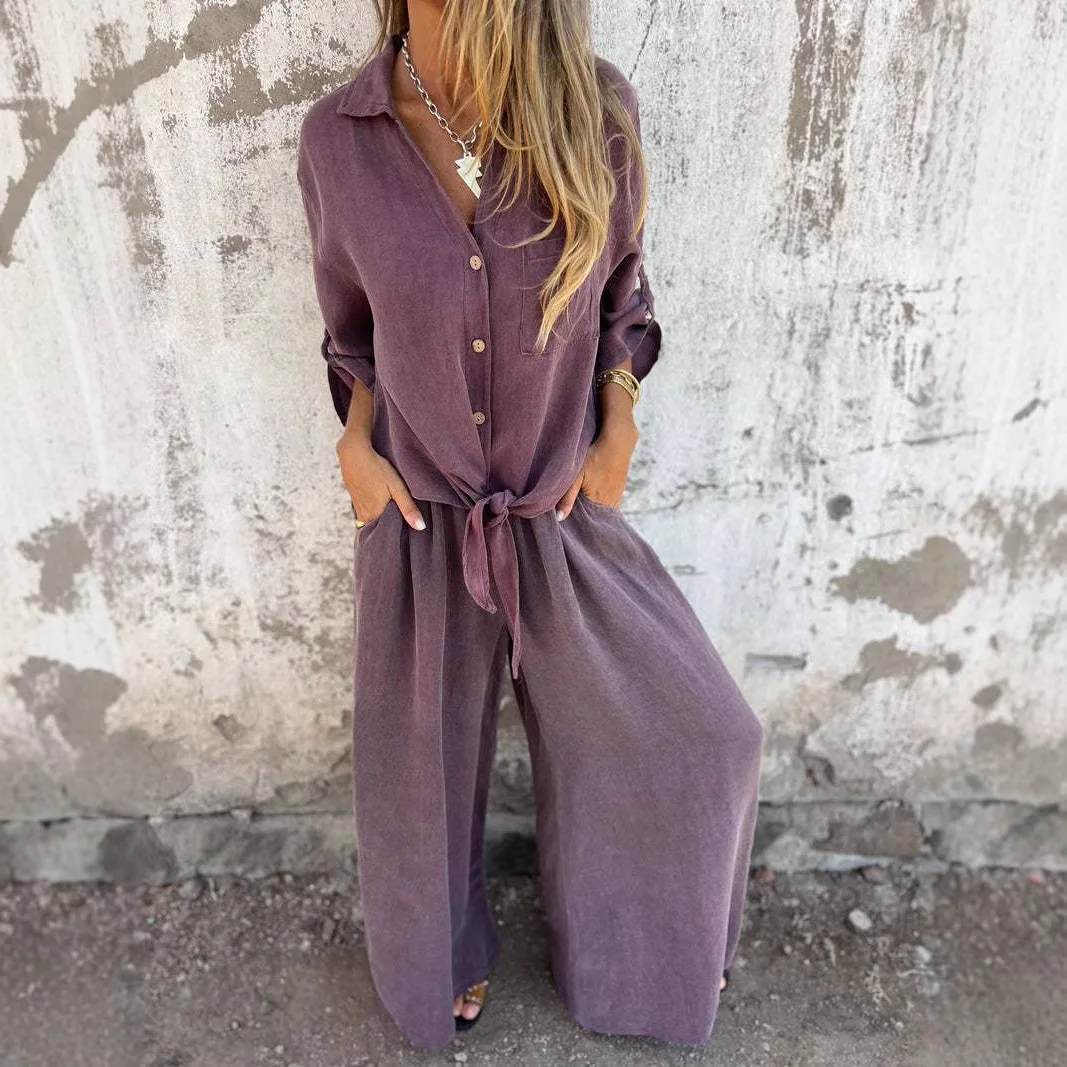 

Casual Commut Two-piece Set Fashionable Loose Single-breasted Long-sleeved Shirt High Waist Wide-leg Trousers Suit Women's Style