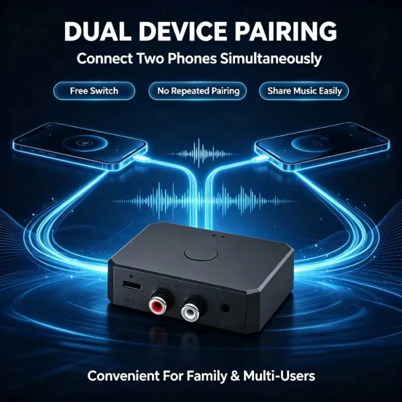 Bluetooth 5.0 Audio Receiver Dual Device Pairing RCA 3.5mm AUX Connect Two Phones HiFi Stereo For Home Stereo Car Speaker Use FX