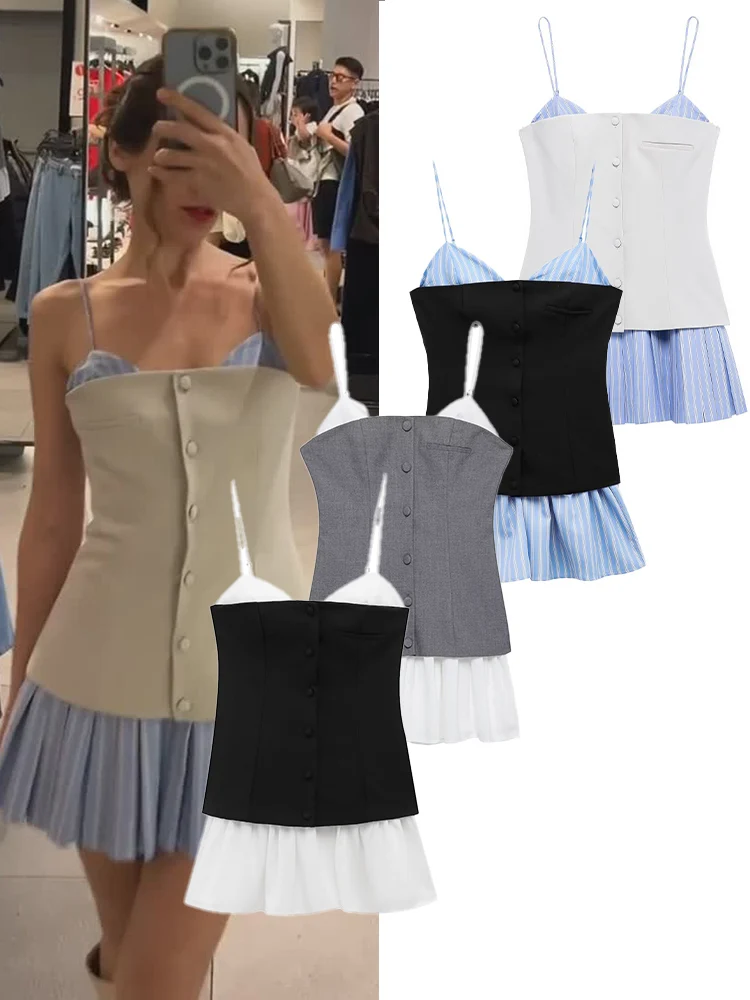 

TRAFZA Woman Summer Single-Breasted Pleated Sling Dress Female Elegant Stripe Splicing Dress Sexy Sleeveless Party Mini Dress