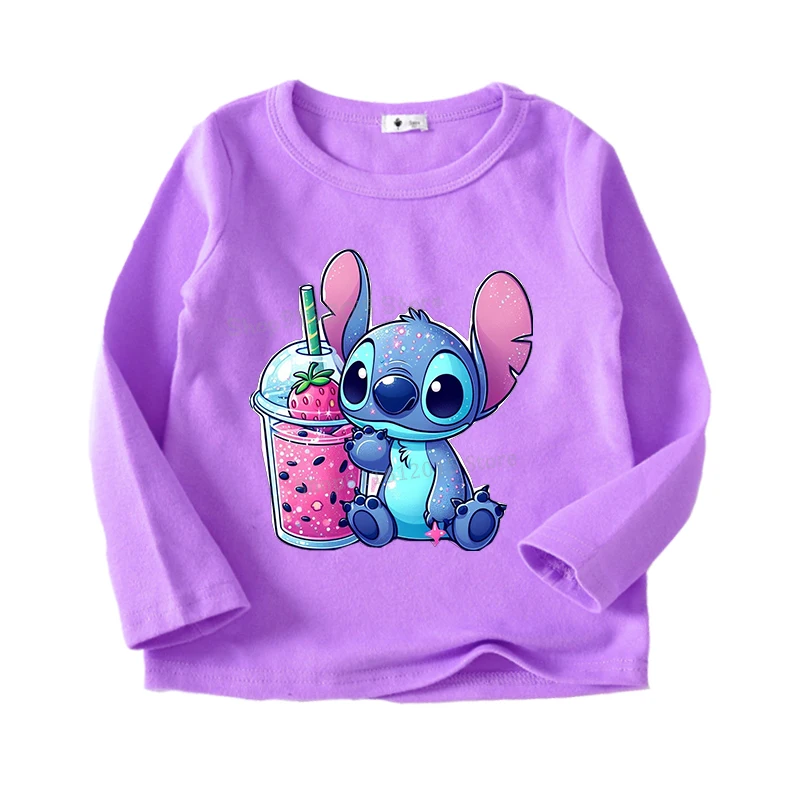 Kawaii Stitch Long Sleeve T Shirt for Girl Purple Crew Neck Tops Cartoon Printed Children Tee Shirts Autumn Cute Baby Clothes