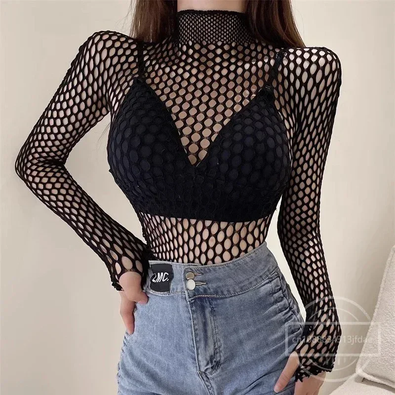 Gothic Sexy Black Fishnet Mesh See Through T-Shirt Women Skinny Goth Hollow Out Long Sleeve Shirts Crop Top Tee Shirt Streetwear