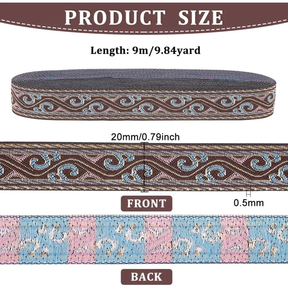 9.8Yard Vintage Embroidered Ribbon 3/4 inch Wide Coconut Brown Embroidery Polyester Ribbon Wave Pattern Jacquard Ribbon Flat