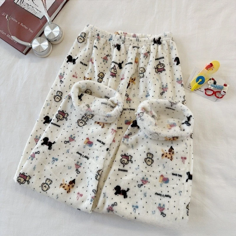 Women Cartoon-printed Warm Pajama Pants Flannel Cute Home Long Pants That Can Be Worn Outside Warm Fluffy Flannel Sleepwear