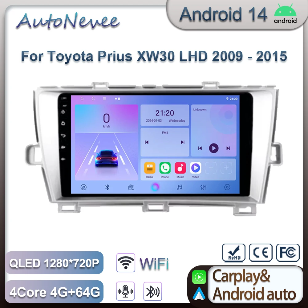 

Android 14 для Toyota Prius XW30 LHD 2009-2015 Мультимедийный плеер Carplay Головное устройство Авто Радио GPS-навигация Стерео Без 2Din DVD