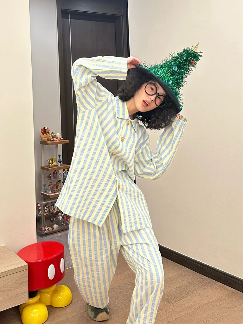 

Korean Sle Striped Open Cardigan Spwear Women's Spring Autumn Long Sve Long Pants plus Size Home Clothes Set