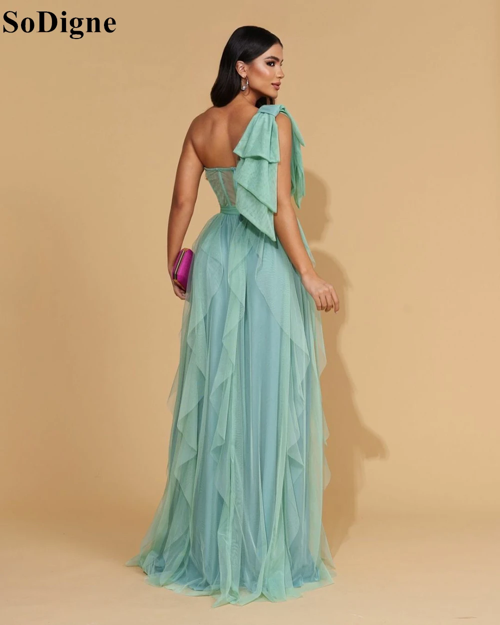 SoDigne Elegant Mint Green Tulle Evening Dresses One Shoulder A-Line Ruched Pleated Party Dress 2024 Formal Prom Gowns for Women