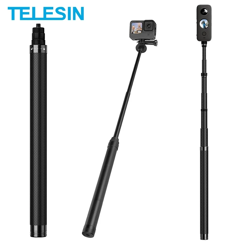 TELESIN 116cm Carbon Fiber Monopod Selfie Stick Extendable 1/4 Screw For GoPro 13 12 11 10 9 Insta360 DJI Action 4 iPhone 16 15