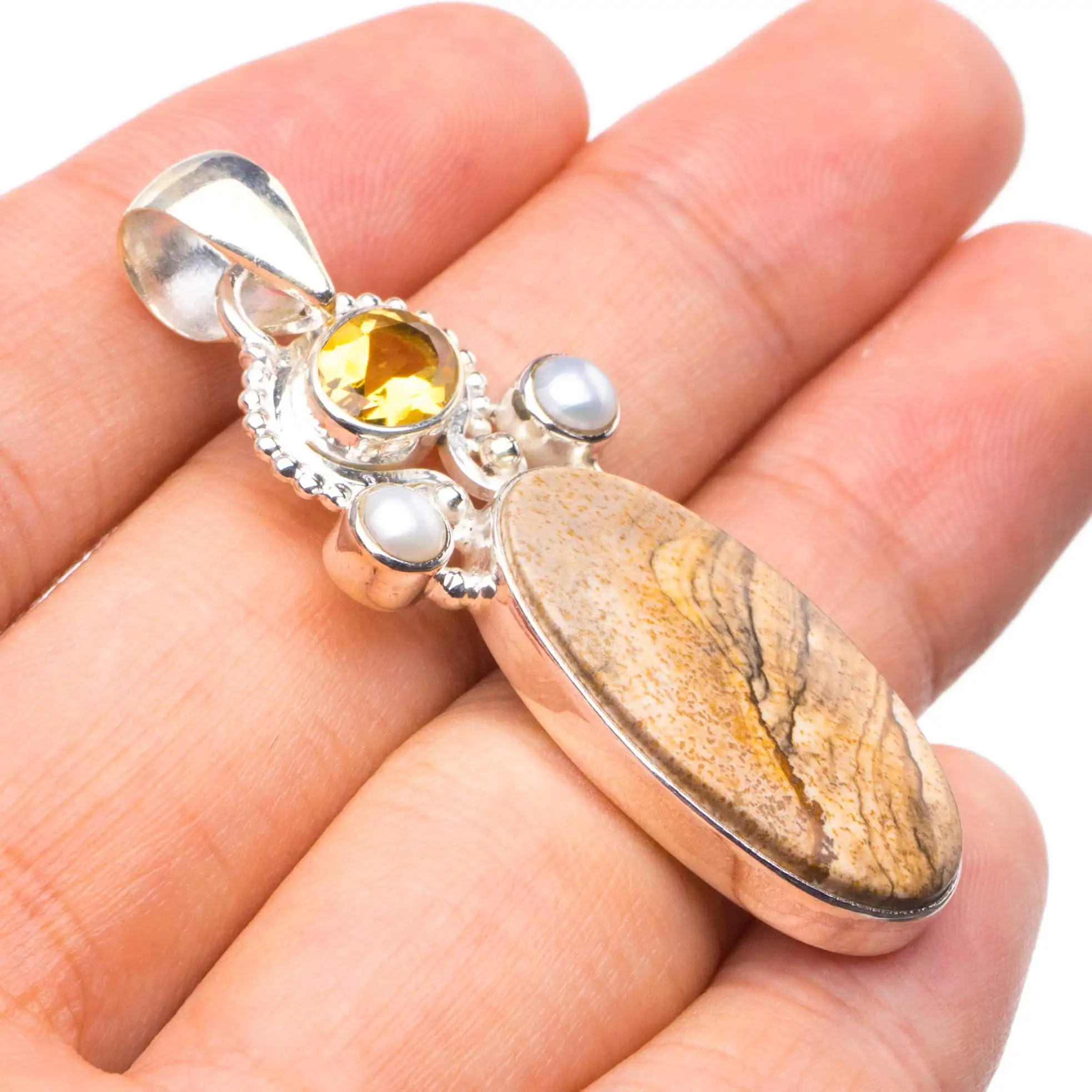 

StarGems ® Натуральная картина из яшмы, цитрина и жемчуга реки, уникальная подвеска ручной работы из стерлингового серебра 925 пробы 2 дюйма X1526