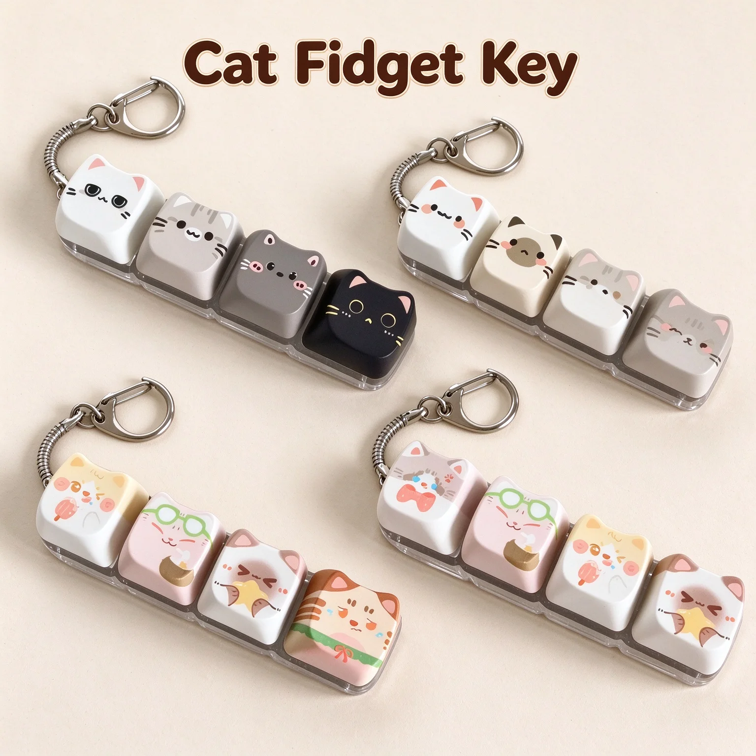Cute Cat 4Key PBT Keycap Fidget Keychain Stress Relief Mechanical Keyboard Toy Portable Fingertip Clicker Bag Pendant For Adults
