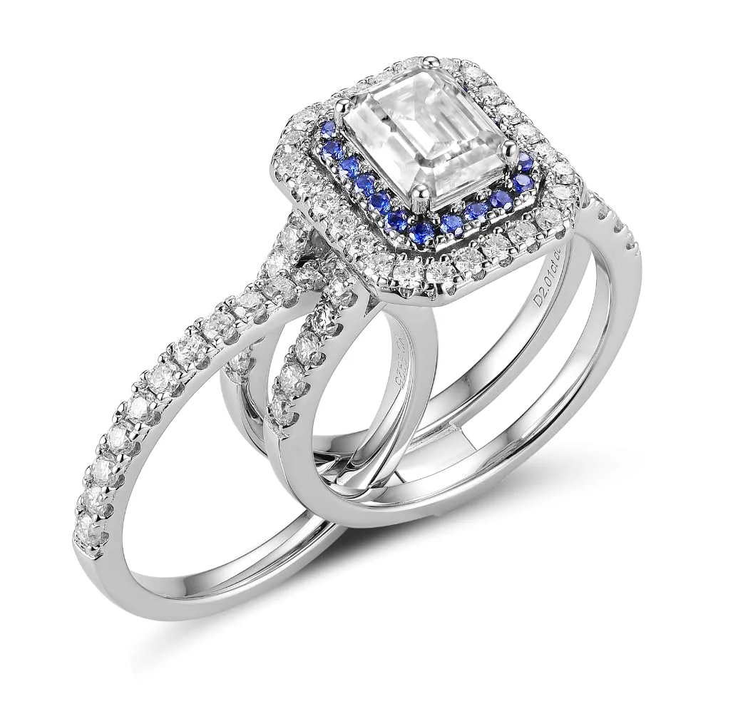 

Обручальное кольцо из стерлингового серебра S925, 2 шт., для женщин, с муассанитом FGH 2.9 карата (общий вес) и акцентами из голубого сапфира в оправе «хало»