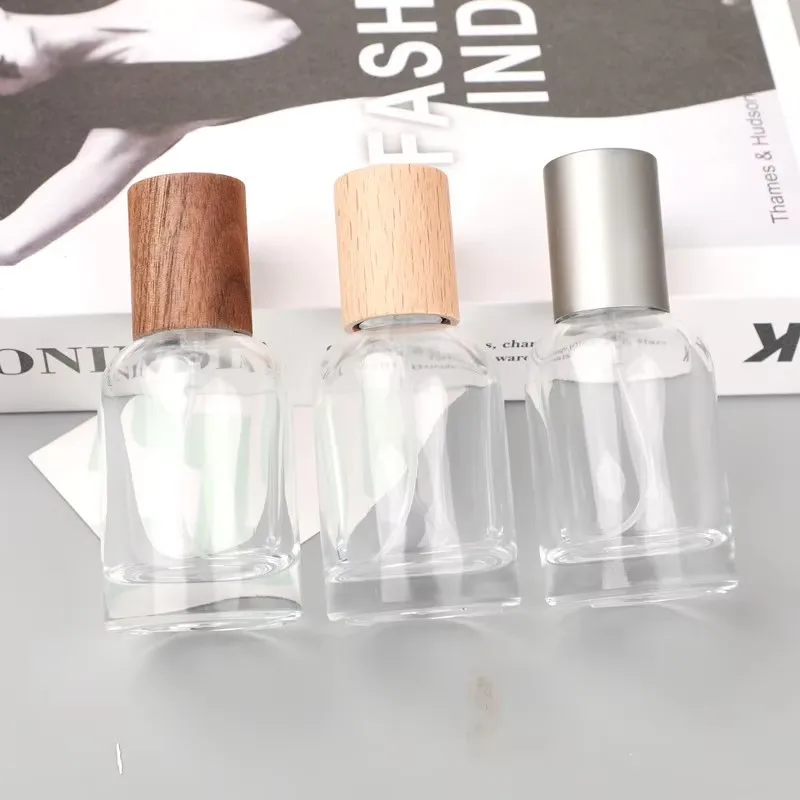

60pcs 30ml/50ml High-end Portable Perfume Glass Spray Sub-bottling Wood Cap Replacement Empty Clear Bottle