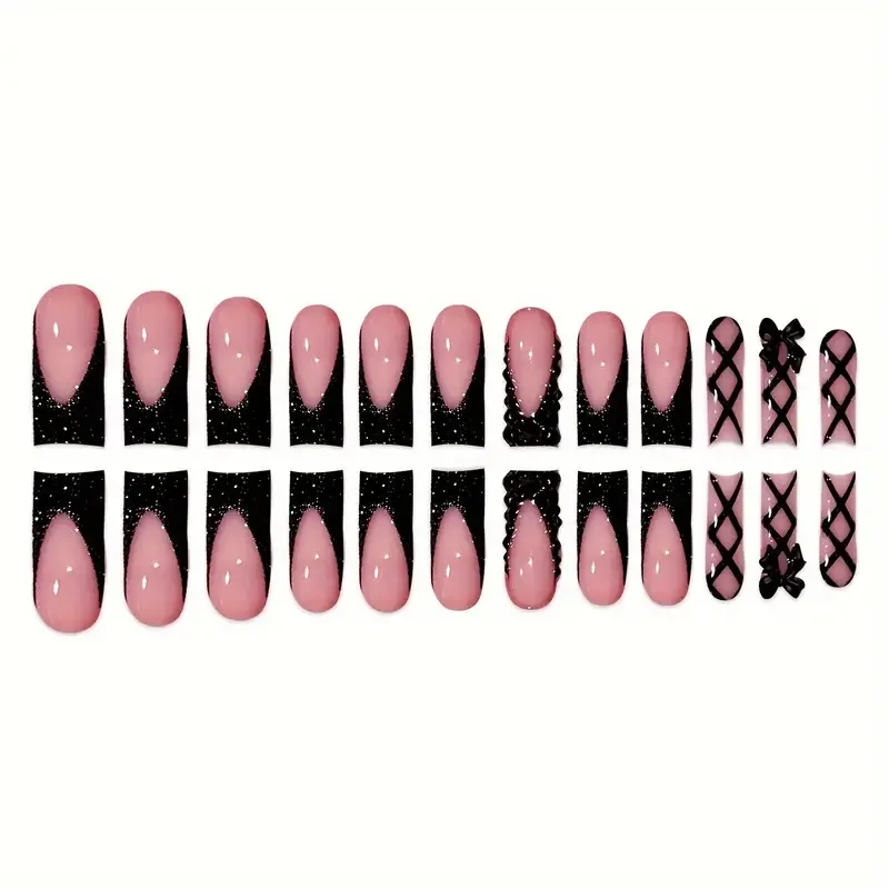 بقع أظافر مزيفة على الطراز الفرنسي ، عقدة سوداء ، اضغط على الأظافر ، باليه طويل ، أطراف أظافر مزيفة ، مانيكير يمكن ارتداؤه ، جميل ، 24 فقط
