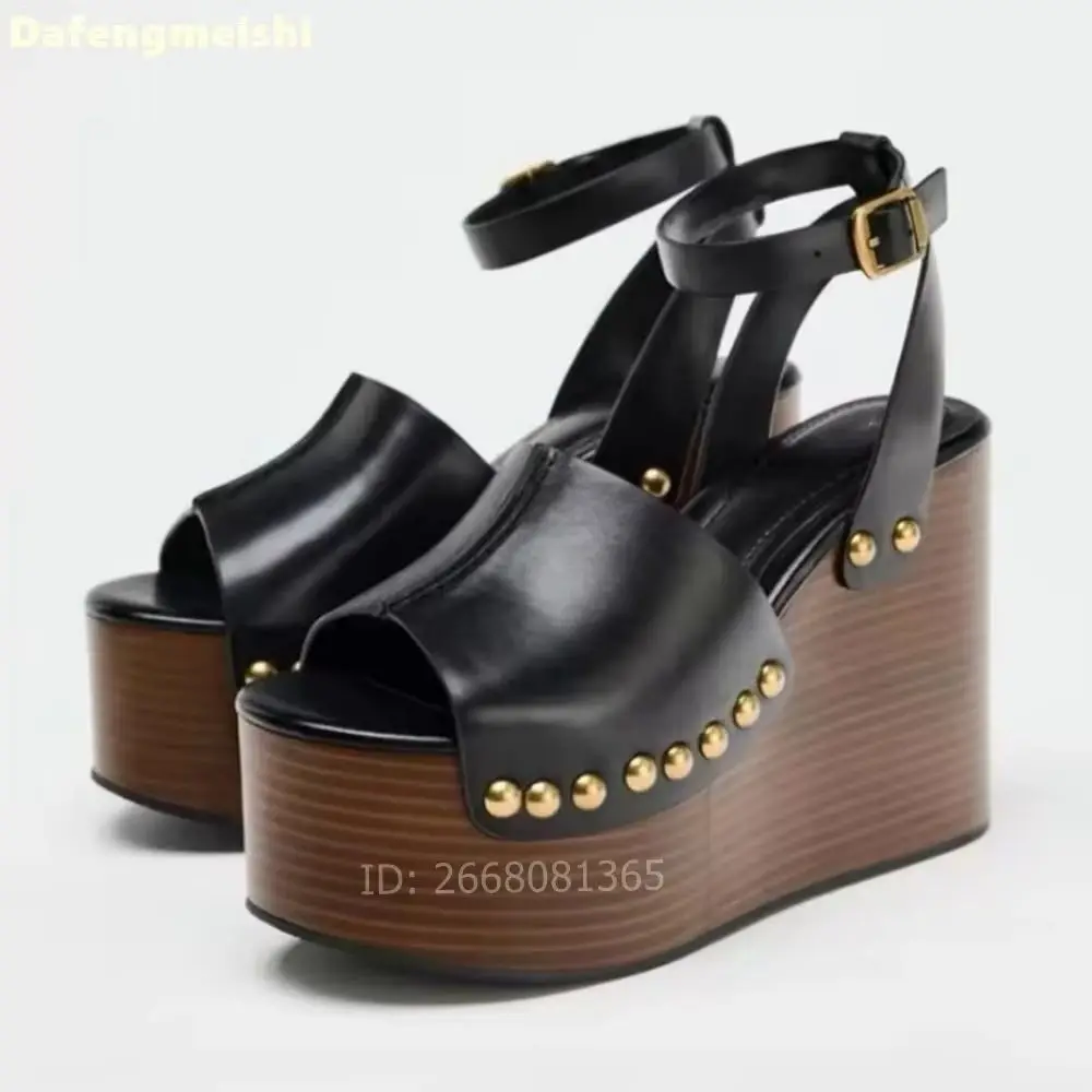 Women Black Leather Rivet Trim Wooden Wedge Heel Platform Sandals Ankle Buckle Open Toe Retro Summer Shoes Size 35-42