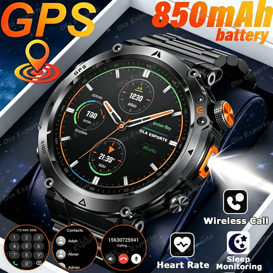 New 850mAh Battery SmartWatch 3ATM Waterproof GPS Compass Flashlight 1.7