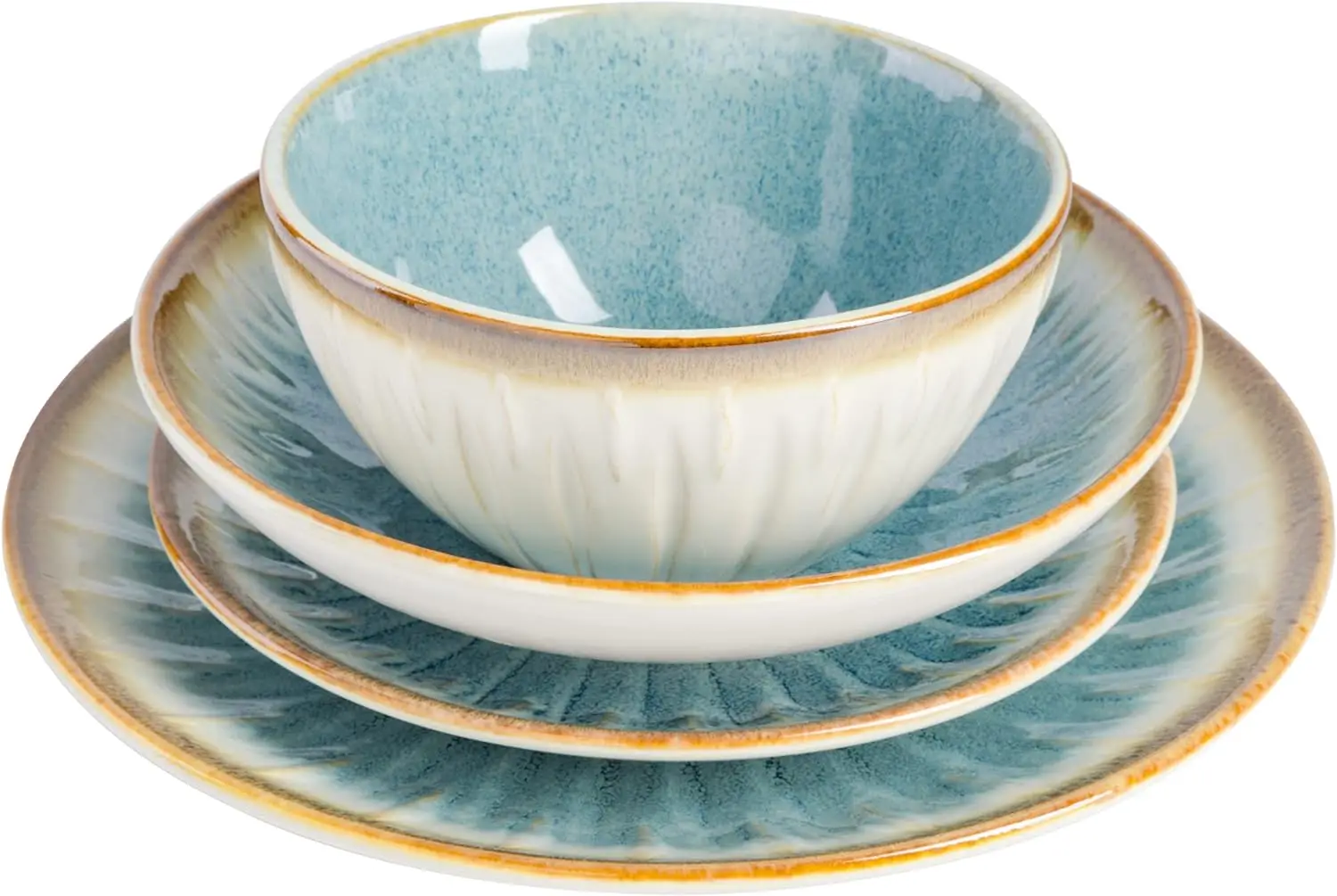 Embossed Double Bowl Dinnerware Set, Service for 4 (16pcs), Blue