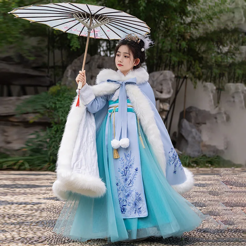 

Girls Fairy Hanfu With Cloak Children Winter Warm Embroider Tang Suit Dress Kids Baby Birthday Gift Chinese New Year's Clothing