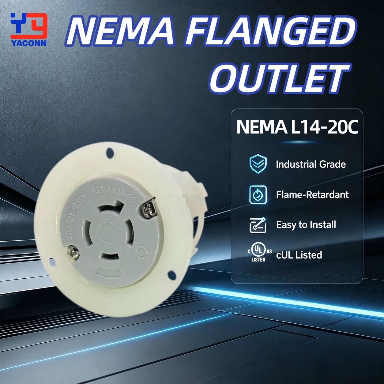 NEMA L14-20C Flanged Outlet Locking Plug Receptacle Panel Mount Black 20A 125/250V, 3-Pole 4-Wire Grounding Industrial Grade