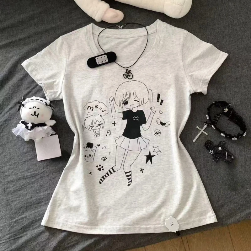 

Summer Casual All Match Girl T Shirts Y2k Aesthetic Subcultural Cartoon Print Base Slim Clothes Harajuku Preppy Style Punk Tops