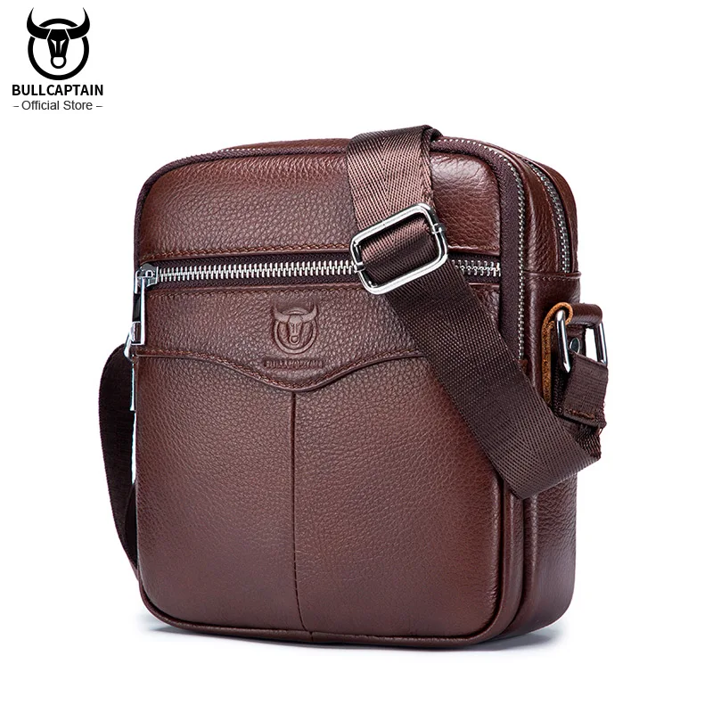 BULLCAPTAIN Casual Men\'s Messenger Shoulder Bag High Quality Smooth Hardware Zipper Pocket Leather Shoulder Bag For Men