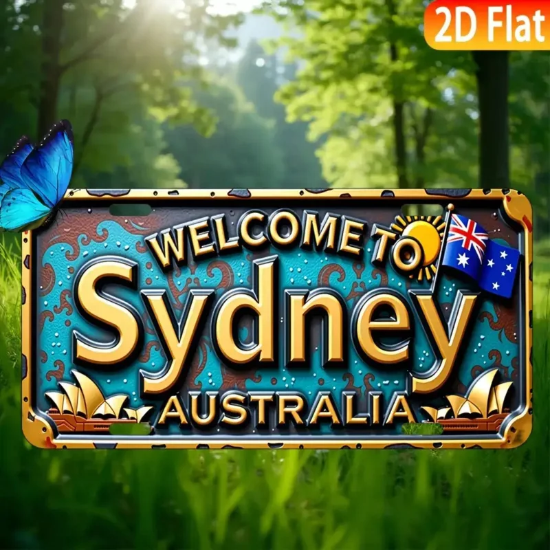 مسطح ثنائي الأبعاد، قطعة واحدة من لافتة الترخيص الأسترالية العتيقة - مرحبًا بكم في سيدني وأستراليا مع الشمس والمراكب الشراعية والنجمة #2