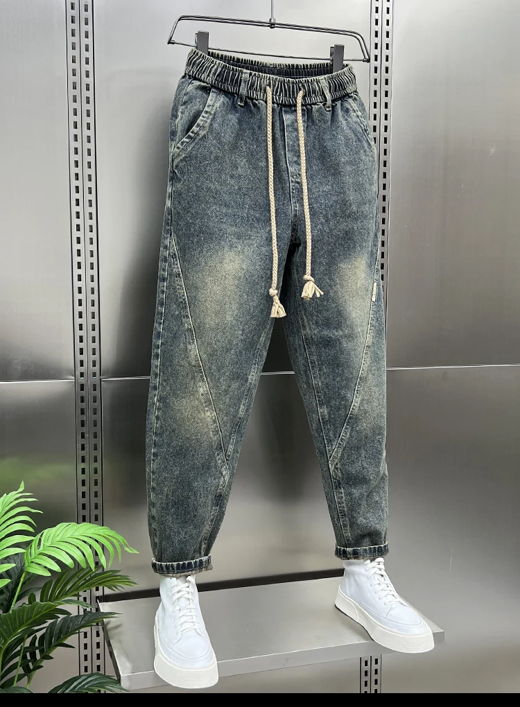 Calça jeans harém casual masculina, calça elástica na cintura, roupas esportivas, jeans, streetwear, estilo coreano