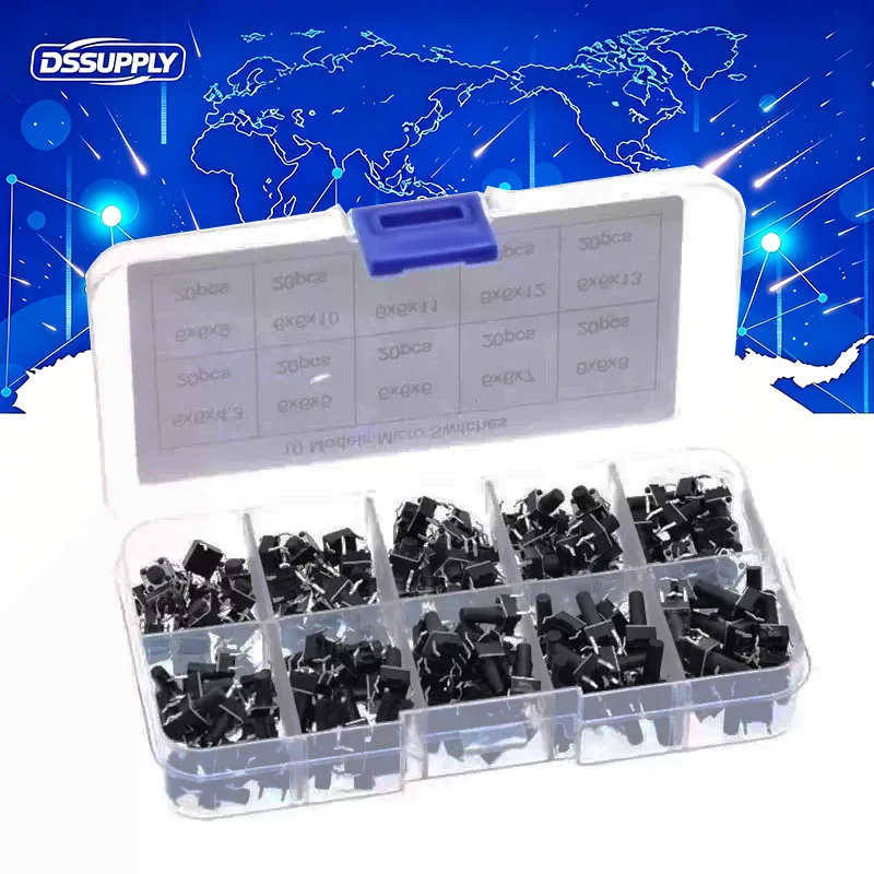 200PCS 10Value 6x6mm Micro Push Tact Switch KIT 6x6 Mini Tactile Toggle Touch Button PCB Momentary 4Pin 6*6 Pushbutton