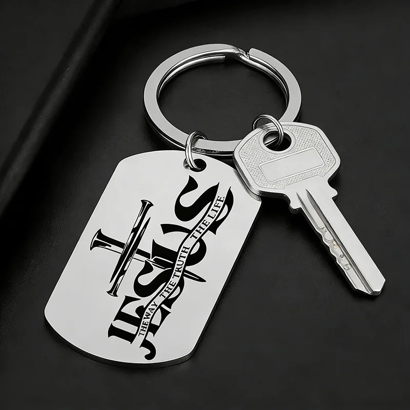 Jesus Crucifix Cross Dog Tag Keychains Stainess Steel Christian Bible Verse Key Chain Jewelry