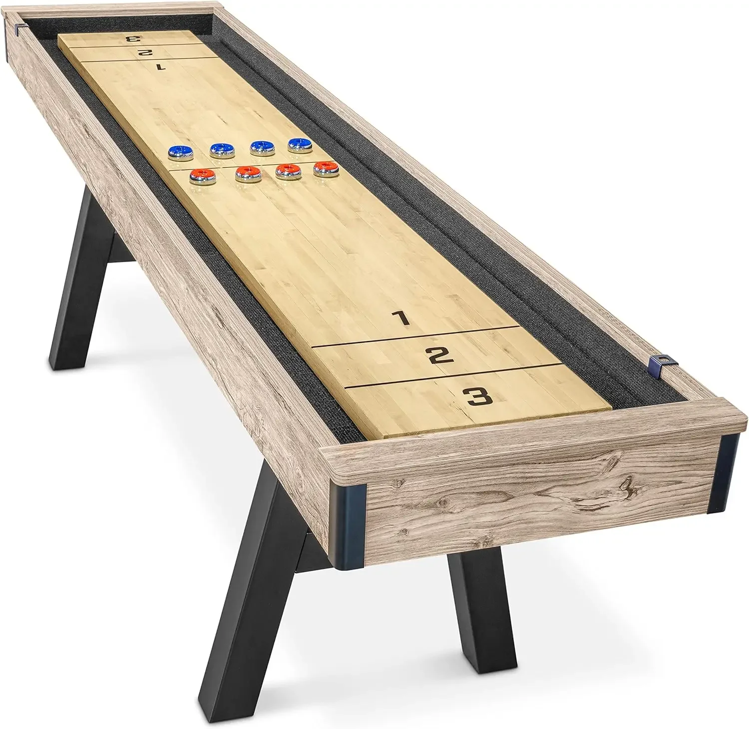 

GoSports Premium 9 ft Shuffleboard Table with 8 Pucks, Shuffleboard Wax, and Brush Features a rustic oak finish frame